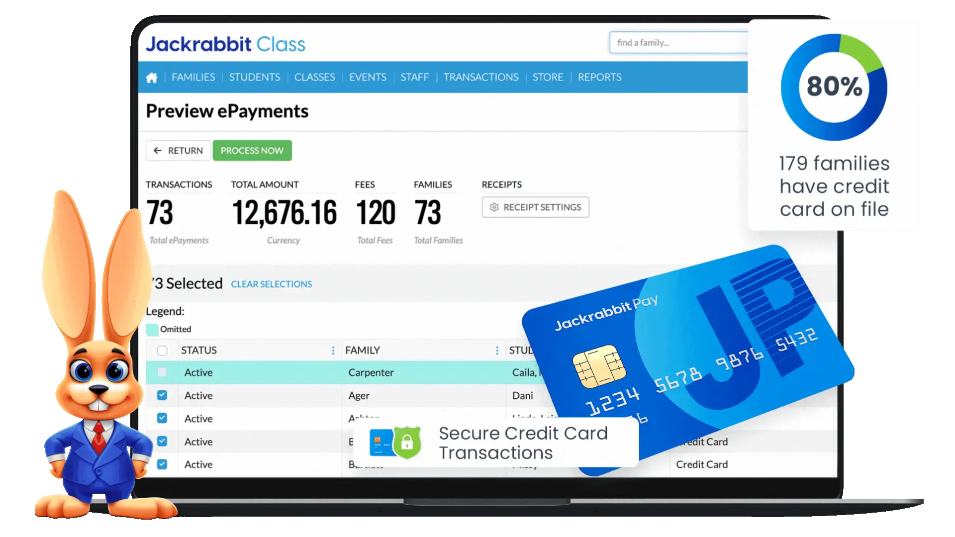 Jackrabbit Class epayments preview screen and Jackrabbit Pay credit card