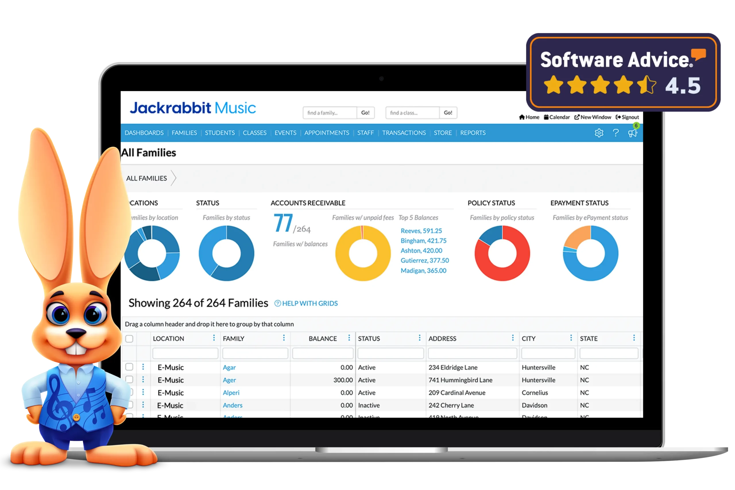 Jackrabbit Music all families screen with software advice rating badge